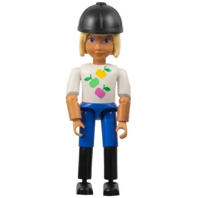 Belville Female, Child Girl (Horse Rider) - Blue Shorts, White Top with Apples Pattern, Very Light Orange Hair, Black Shoes, Hat