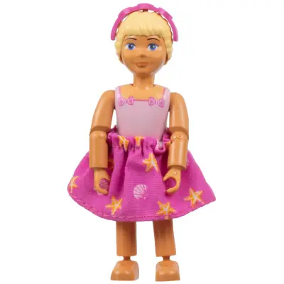 Belville Female - Pink Swimsuit with Square Neck, Dark Pink Bows in Corners, Long Yellow Hair Braided, Hairband, Bow