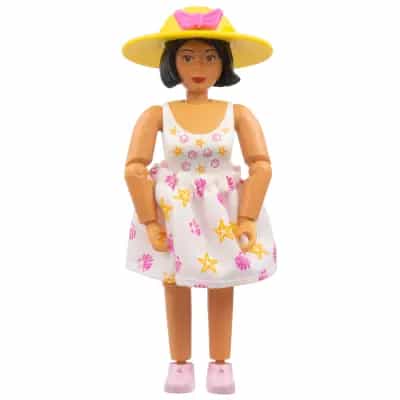 Belville Female, Adult Woman - White Swimsuit with Starfish / Sea Stars and Seashells Pattern, Black Hair, Pink Shoes, Hat with Bow