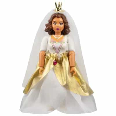 Belville Female, Adult Woman (Princess / Bride) - White Pants, White Top with Flowers and Gold Lace Trim Pattern, Reddish Brown Hair, Pearl Light Gold Shoes, Skirt, Veil, Crown