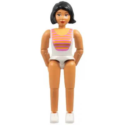 Belville Female, Adult Woman - White Swimsuit with Dark Pink and Light Orange Stripes Pattern, Black Hair, White Shoes (4140031)