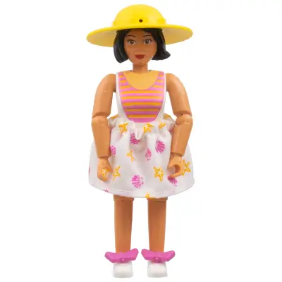 Belville Female, Adult Woman - White Swimsuit with Dark Pink and Light Orange Stripes Pattern, Black Hair, White Shoes, Skirt, Hat, Bows