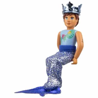 Belville Male, Adult Man (Merman) - Bright Light Blue Top with Net, Starfish / Sea Star, and Seashell Pattern, Reddish Brown Hair, Fish Tail, Crown