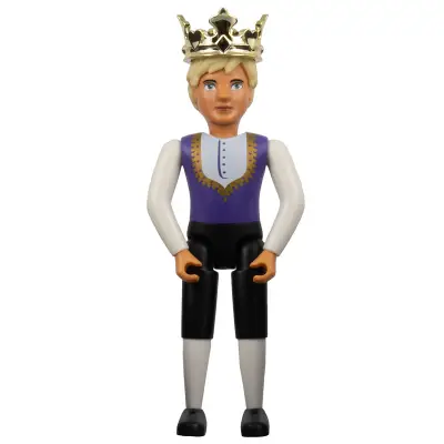 Belville Male, Adult Man (King) - Black Shorts, Dark Purple Top with Gold Trim and White Shirt Pattern, Light Yellow Hair, Black Shoes, Crown