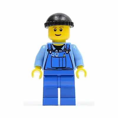 Overalls with Tools in Pocket Blue, Black Knit Cap