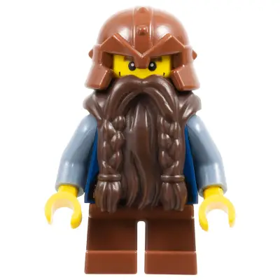 Fantasy Era - Dwarf, Dark Brown Beard, Reddish Brown Helmet with Studded Bands, Sand Blue Arms, Vertical Cheek Lines