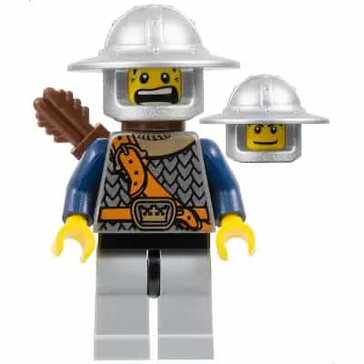 Fantasy Era - Crown Knight Scale Mail with Chest Strap, Helmet with Broad Brim, Dual Sided Head, Light Bluish Gray Legs, Quiver