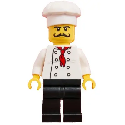 Chef - Black Legs, Moustache Curly Long, 'LEGO House Home of the Brick' Print on Back