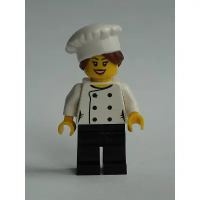 Chef - Black Legs, Open Mouth Smile, Hair in Bun, 'LEGO HOUSE Home of the Brick' on Back, Female