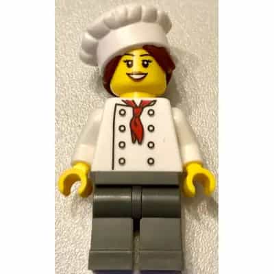Chef - White Torso with 8 Buttons, Dark Bluish Gray Legs, Hair in Bun