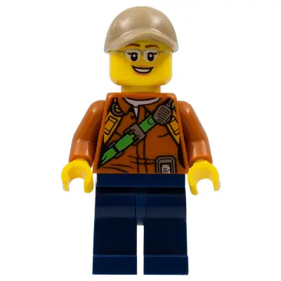 City Jungle Explorer Female - Dark Orange Shirt with Green Strap, Dark Blue Legs, Silver Glasses, Dark Tan Cap with Hole