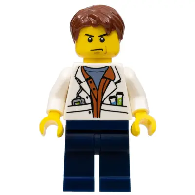 City Jungle Scientist - White Lab Coat with Test Tubes, Dark Blue Legs, Reddish Brown Parted Hair, Scowl