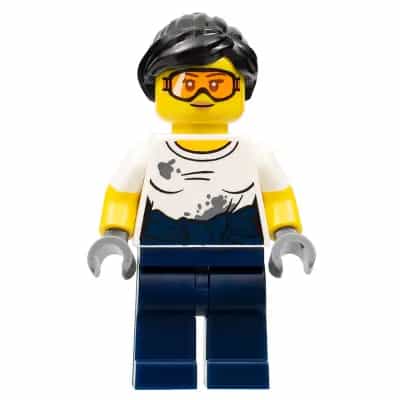 City Jungle Mechanic Female - Black Ponytail, Orange Goggles, White T-Shirt with Oil Stains, Dark Blue Legs