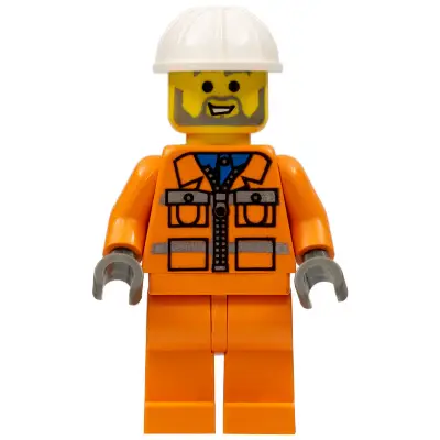 Construction Worker - Orange Zipper Jacket, Safety Stripes, Orange Legs, White Construction Helmet