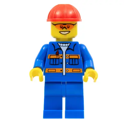 Blue Jacket with Pockets and Orange Stripes, Blue Legs, Red Construction Helmet, Orange Sunglasses