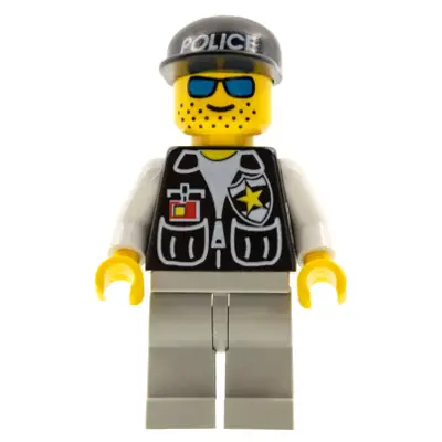 Police - Sheriff Star and 2 Pockets, Light Gray Legs, White Arms, Black Cap with Police Pattern