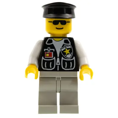Police - Sheriff Star and 2 Pockets, Light Gray Legs, White Arms, Black Hat