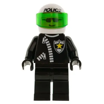 Police - Zipper with Sheriff Star, White Helmet with Police Pattern, Trans-Green Visor