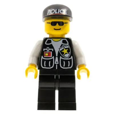 Police - Sheriff Star and 2 Pockets, Black Legs, White Arms, Black Cap with Police Pattern, Black Sunglasses