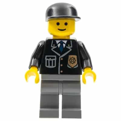 Police - City Suit with Blue Tie and Badge, Dark Bluish Gray Legs, Black Cap