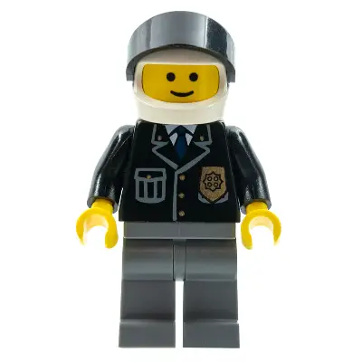 Police - City Suit with Blue Tie and Badge, Dark Bluish Gray Legs, White Helmet, Black Visor