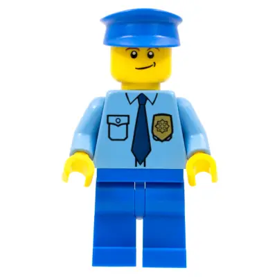 Police - City Shirt with Dark Blue Tie and Gold Badge, Blue Legs, Blue Police Hat, Crooked Smile