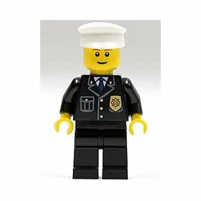 Police - City Suit with Blue Tie and Badge, Black Legs, White Hat, Brown Eyebrows, Thin Grin