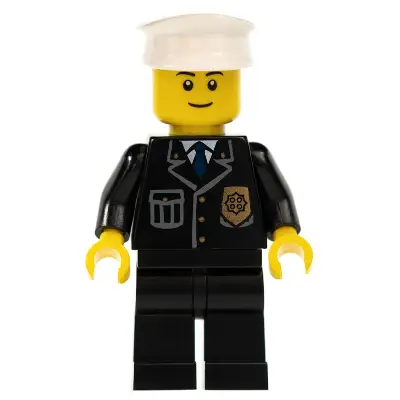 Police - City Suit with Blue Tie and Badge, Black Legs, White Hat, Black Eyebrows, Thin Grin