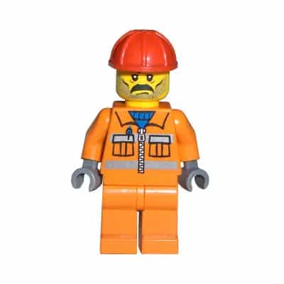 Construction Worker - Orange Zipper, Safety Stripes, Orange Arms, Orange Legs, Red Construction Helmet, Moustache and Stubble