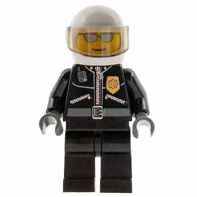 Police - City Leather Jacket with Gold Badge, White Helmet, Trans-Brown Visor, Silver Sunglasses