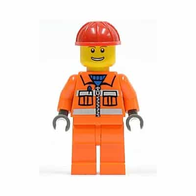 Construction Worker - Orange Zipper, Safety Stripes, Orange Arms, Orange Legs, Red Construction Helmet, Eyebrows, Thin Grin with Teeth
