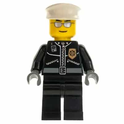 Police - City Leather Jacket with Gold Badge, White Hat, Silver Sunglasses