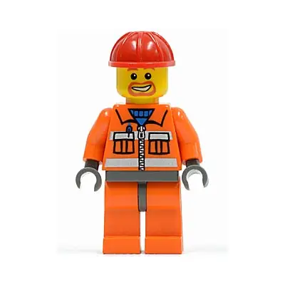 Construction Worker - Orange Zipper, Safety Stripes, Orange Arms, Orange Legs, Dark Bluish Gray Hips, Red Construction Helmet