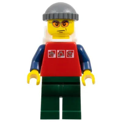 Red Shirt with 3 Silver Logos, Dark Blue Arms, Orange Glasses, Backpack
