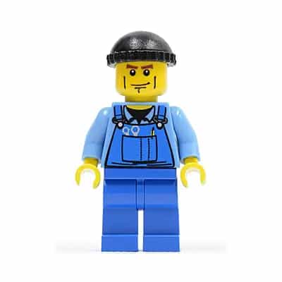 Overalls with Tools in Pocket Blue, Black Knit Cap, Cheek Lines