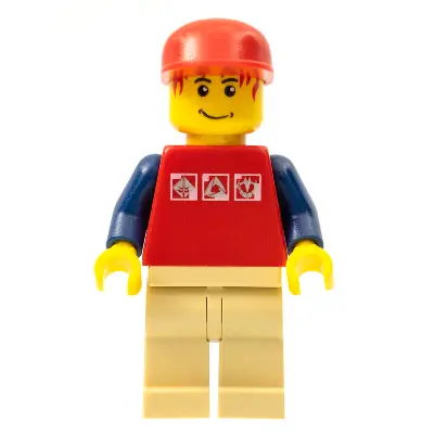 Red Shirt with 3 Silver Logos, Dark Blue Arms, Tan Legs, Messy Red Hair