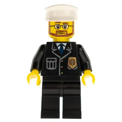 Police - City Suit with Blue Tie and Badge, Black Legs, White Hat, Beard and Glasses