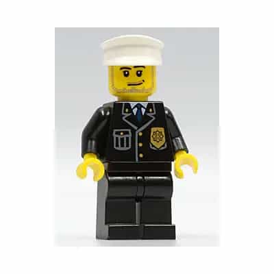Police - City Suit with Blue Tie and Badge, Black Legs, White Hat, Smirk and Stubble Beard