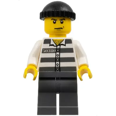 Police - Jail Prisoner 50380 Prison Stripes, Dark Bluish Gray Legs, Black Knit Cap, Angry Eyebrows and Scowl