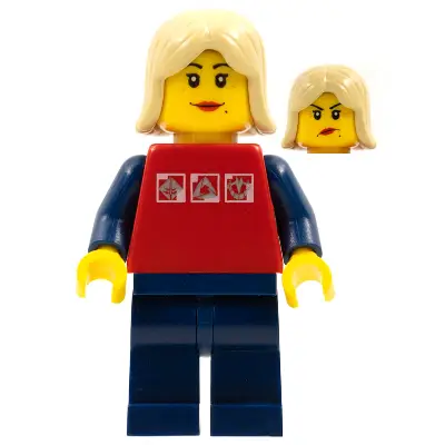 Red Shirt with 3 Silver Logos, Dark Blue Arms, Dark Blue Legs, Tan Female Hair