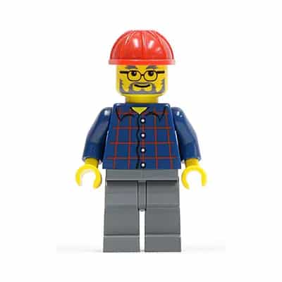 Plaid Button Shirt, Dark Bluish Gray Legs, Red Construction Helmet, Glasses, Gray Beard