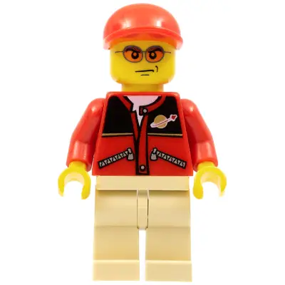 Red Jacket with Zipper Pockets and Classic Space Logo, Tan Legs, Red Short Bill Cap