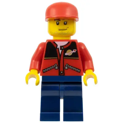 Red Jacket with Zipper Pockets and Classic Space Logo, Dark Blue Legs, Red Cap