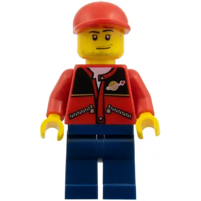 Red Jacket with Zipper Pockets and Classic Space Logo, Dark Blue Legs, Red Short Bill Cap