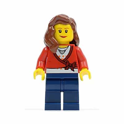 Sweater Cropped with Bow, Heart Necklace, Dark Blue Legs, Reddish Brown Female Hair over Shoulder