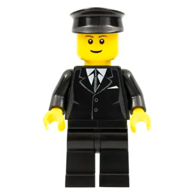 Suit Black, Black Police Hat, Brown Eyebrows, Thin Grin