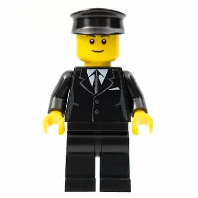 Suit Black, Black Police Hat, Black Eyebrows, Thin Grin
