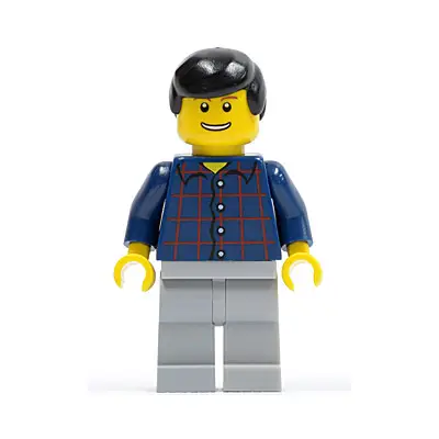 Plaid Button Shirt, Light Bluish Gray Legs, Black Male Hair, Thin Grin with Teeth