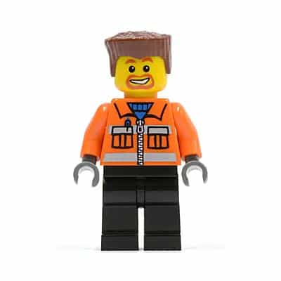 Construction Worker - Orange Zipper, Safety Stripes, Orange Arms, Black Legs, Reddish Brown Flat Top Hair, Beard Around Mouth