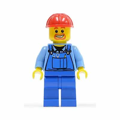 Overalls with Tools in Pocket Blue, Red Construction Helmet, Beard Around Mouth